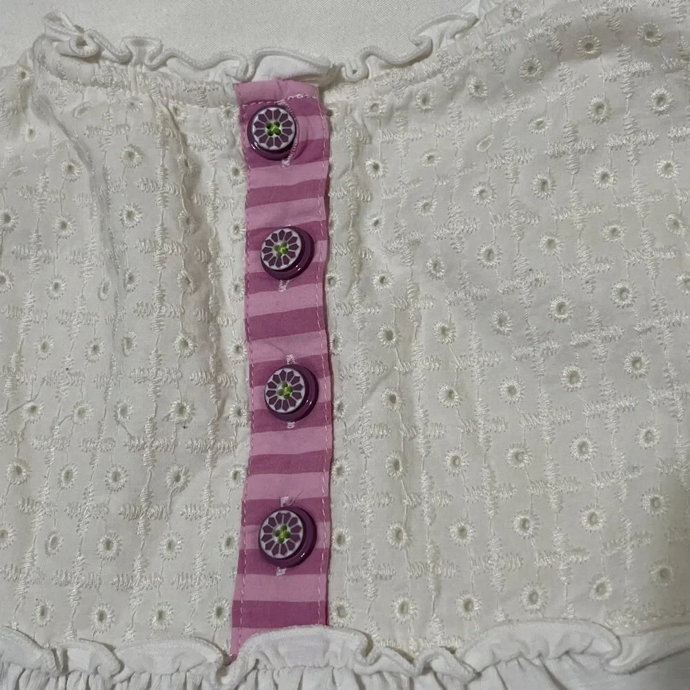 Matilda Jane Ivory Cottagecore Crochet Lace Dress 10 Button Pink Stripe Boho